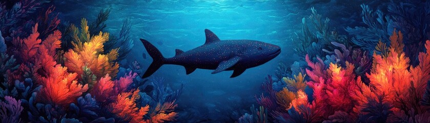 Obraz premium Glowing bioluminescent sea creatures in a deep ocean scene, marine glowtime, mysterious and awe-inspiring