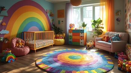 A vibrant nursery with a rainbow wonderland theme, featuring bold rainbow wall murals, playful...