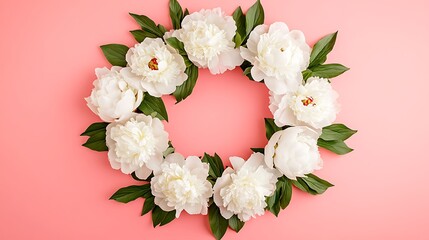 Elegant Wreath of White Peonies and Soft Green Leaves Isolated on a Bright Background, Featuring Ample Space for Customized Text for Announcements or Invitations