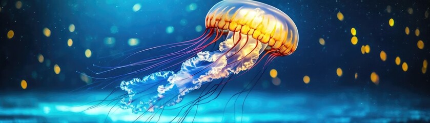 Glowing jellyfish in deep blue ocean, illuminating their surroundings, underwater glowtime, captivating and surreal marine life