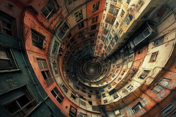 Obraz premium A distorted city where buildings twisted in spiral shape, imagination surreal architecture 