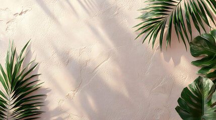 Naklejka premium An attractive beige stucco wall featuring a light pattern from tropical tree leaves, ideal for displaying skincare and beauty items.