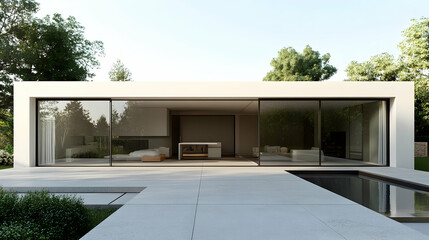 Fototapeta premium A beautiful house featuring a sleek minimalist design, complete with sliding glass doors that reveal an elegant interior.