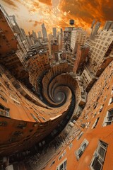 A distorted city where buildings twisted in spiral shape, imagination surreal architecture 