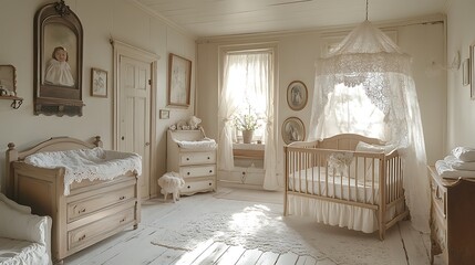 A vintage-inspired nursery, classic storybook decor on the walls, antique wooden furniture, a delicate lace canopy over the crib, warm tones of cream and rose,