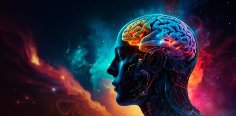 A digital artwork closeup portrait of a human with a brain exposed, surrounded by vibrant flames, cosmic elements, galaxies and ethereal fog. Spirituality higher states of consciousness illustation.