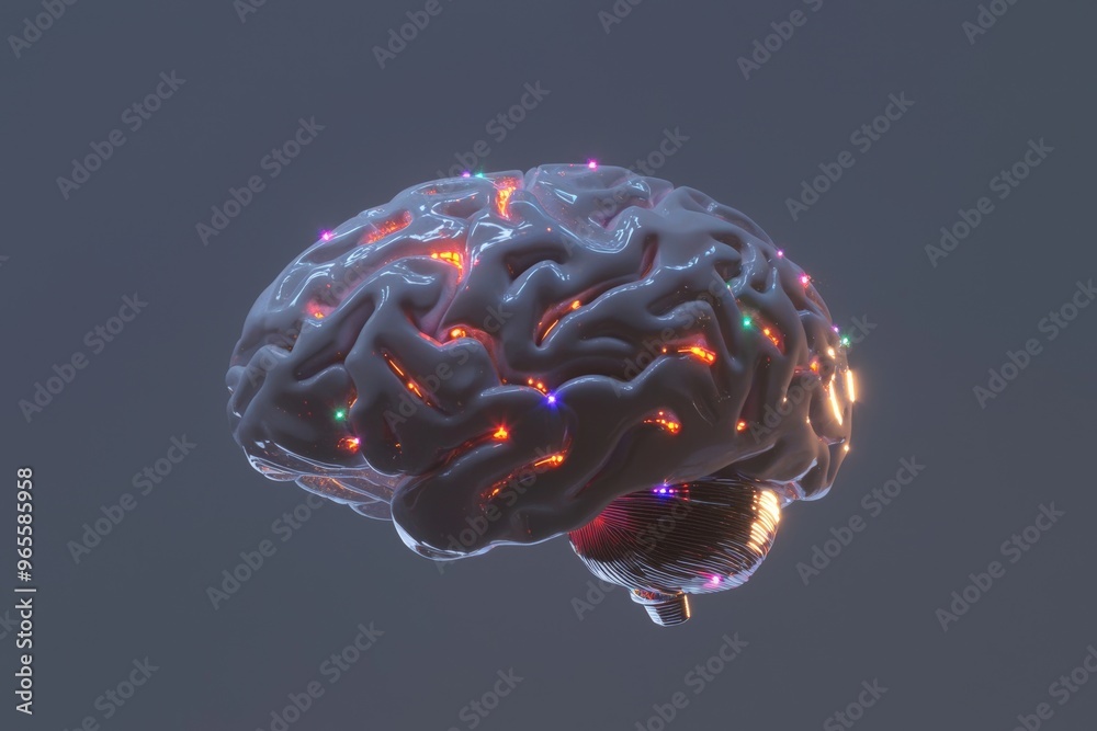 Poster the human brain showing intelligent thinking through a neural network printed circuit of big data an