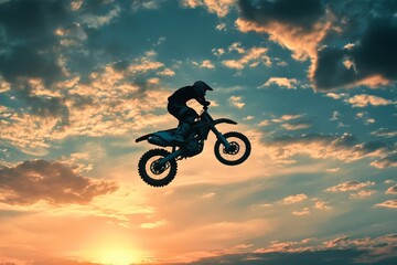 Fototapeta premium silhouette of motorcycle racer on motorcycle jumping in the air, freedom, stunts