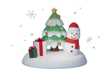 Christmas tree with snowman and gift box 3D graphic