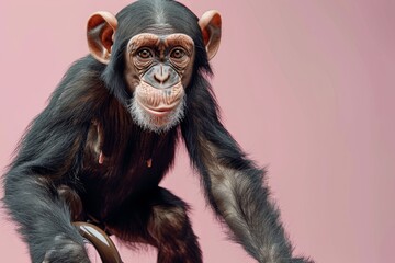 Fototapeta premium Curious Young Chimpanzee Striking a Playful Pose on a Pink Background, Studio Portrait