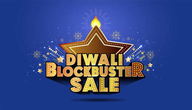 Concept for Diwali blockbuster sale. Offer Logo with diya lights, crackers, fireworks and sparkle sky background.