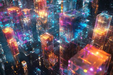 A futuristic city built entirely from transparent cubes and spheres, floating in space, with colorful energy pulses connecting the structures.