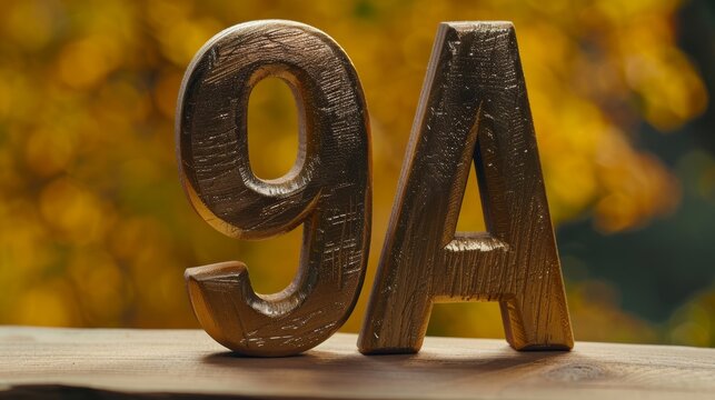 Wooden Number 9A, Isolated on Wood, Against a Blurred Autumn Background, Magical Forest Setting
