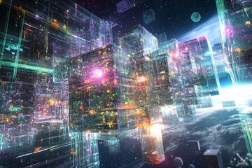 A futuristic city built entirely from transparent cubes and spheres, floating in space, with colorful energy pulses connecting the structures.