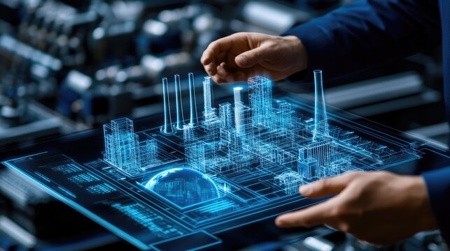 A businessman displays a holographic Earth image highlighting sustainable practices like carbon-neutral materials and solar energy against a dark backdrop