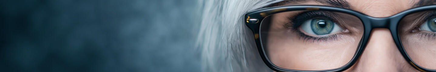 Close-up of woman with gray hair and glasses, sharp blue eyes, partial view