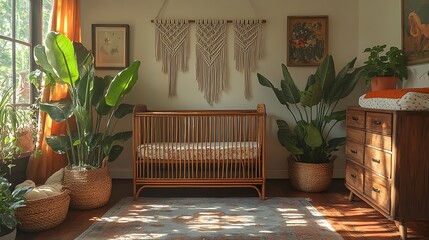 Boho-themed nursery, rattan crib, macrame wall decor, large potted plants in the corners, earthy tones, woven basket storage, warm sunlight creating a cozy ambiance, wooden furniture, soft textures,