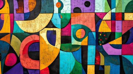 Whimsical UHD Folk Art Abstract Cubism Pattern with Vibrant Colors