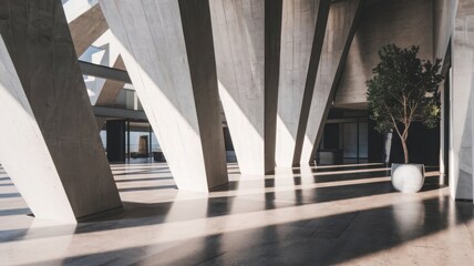 Obraz premium A 3D rendering of an abstract architecture interior with a modern concrete room design, The fusion of natural elements and brutalist architecture captured in a tranquil indoor setting.