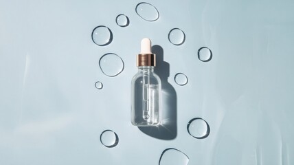A clear glass dropper bottle is centrally placed on a light blue background, surrounded by neatly arranged water droplets, symbolizing purity and simplicity in skincare products.