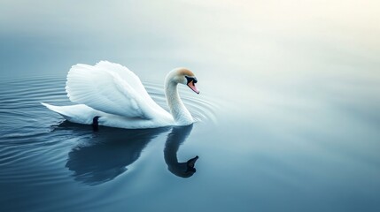 Obraz premium Swan gliding on tranquil lake surface, serene and peaceful atmosphere. Nature and tranquility concept