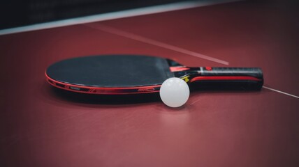 A mock-up of a black and red table tennis racket with a ball, shown in a no-gravity setting, ideal for a ping-pong game template.