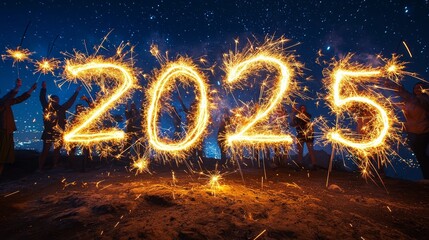 Celebrating the arrival of the new year with sparklers and joy as friends write 2025 against a dark, starry night sky