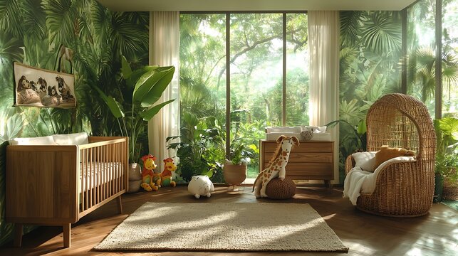 Safari-themed nursery with jungle wallpaper, tropical plants, animal plush toys, wooden furniture with earthy tones, light streaming through large windows, cozy woolen rugs,
