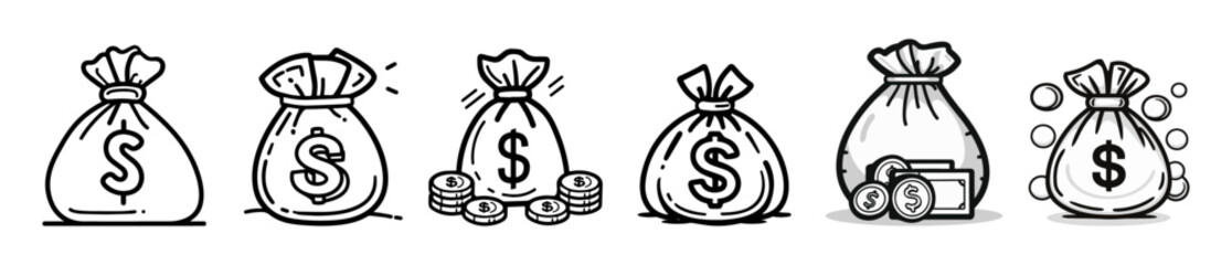 money bag icons set collection with dollar sign. Moneybag with coins doodle style vector illustration. Finance, banking, investment, saving account concept.