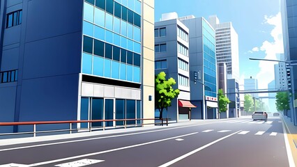 Anime style city street with modern buildings, empty road, crosswalk, and blue sky background, urban landscape illustration