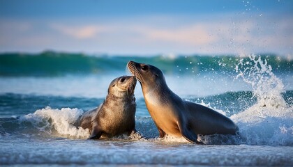 Obraz premium Playful seal couple frolicking in the ocean surf