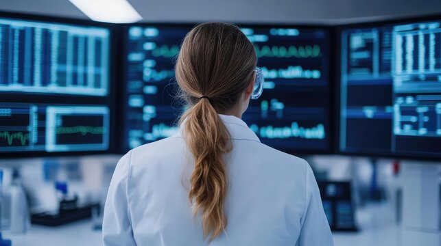 Scientist in a futuristic biotech lab analyzing bioinformatics data on a holographic display