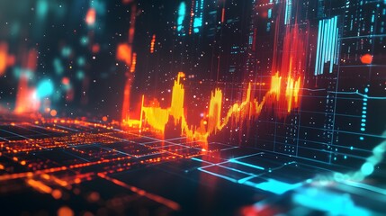 Fototapeta premium 3D data analysis process with abstract charts and graphs, floating geometric shapes with sharp, vibrant lighting, dark background creating depth, high-tech and dynamic mood
