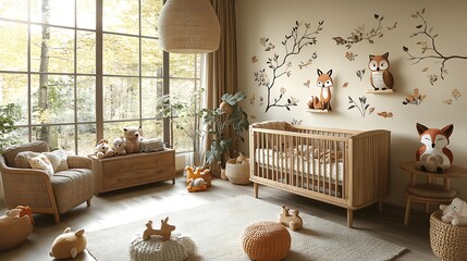 Woodland creatures nursery featuring natural wood furniture, forest-inspired wall decals with foxes, owls, and deer, warm earthy tones, large windows letting in soft sunlight,