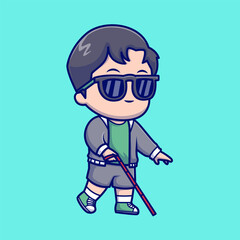 Fototapeta premium Cute Man Blind with Glasses and Cane Cartoon Vector Icon Illustration. People Nature Icon Concept Isolated Premium Vector. Flat Cartoon Style
