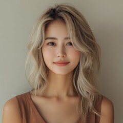Naklejka premium portrait of asian softly smiling woman is 25 years old or female student with blond hair on solid light beige color background