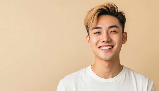 portrait of asian softly smiling young manor teenager with blond hair on light beige color background with copy space - Powered by Adobe