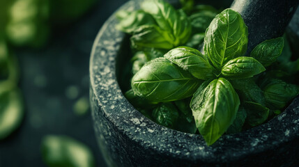 Fresh Basil Leaves in Mortar and Pestle: Close-Up Food Photography