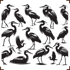 Obraz premium Heron Flat Black Silhouette Vector Art Bundle
