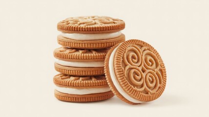 Sandwich cookies with cream filling, presented in 3D and isolated on a white background.