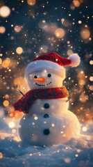 Snowman in Red Hat and Scarf with a Bokeh Background