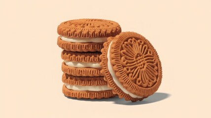Sandwich cookies with cream filling, presented in 3D and isolated on a white background.