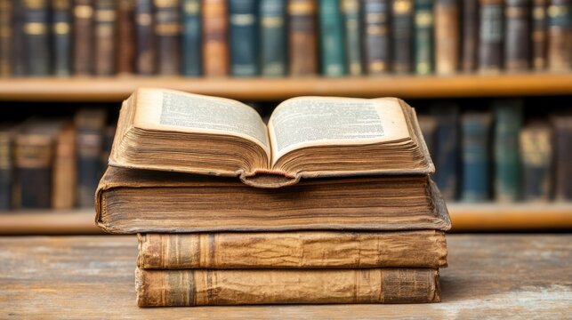 A stack of books on a table in front of shelves, AI
