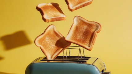 Toast slices jumping out of a toaster against a vibrant yellow background, illustrated in vector form, Perfectly toasted bread popping out of a stainless steel toaster, frozen in mid-air.