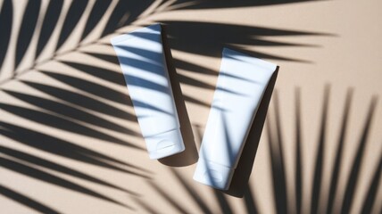 Two white skincare tubes casting soft shadows on a beige surface, creating a minimalistic and elegant presentation of cosmetic products.