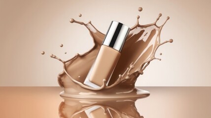 Luxurious liquid foundation with metallic cap caught in mid-splash against a seamless beige backdrop, highlighting the fluid beauty and high-end quality of cosmetic products.