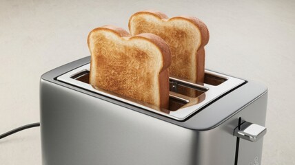 A modern toaster with slices of bread inside, set against a white background, Sleek stainless steel four-slice toaster with perfectly toasted bread on a textured neutral background.