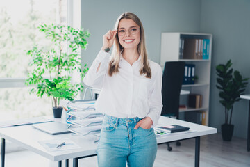 Portrait of professional corporate worker lady touch glasses think modern office indoors