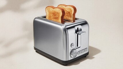 A modern toaster with slices of bread inside, set against a white background, Sleek stainless steel four-slice toaster with perfectly toasted bread on a textured neutral background.