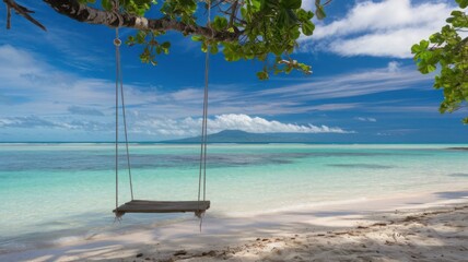 A tranquil tropical beach backdrop features a beach swing or hammock, white sand, and a serene sea, ideal for relaxation and summer holidays.